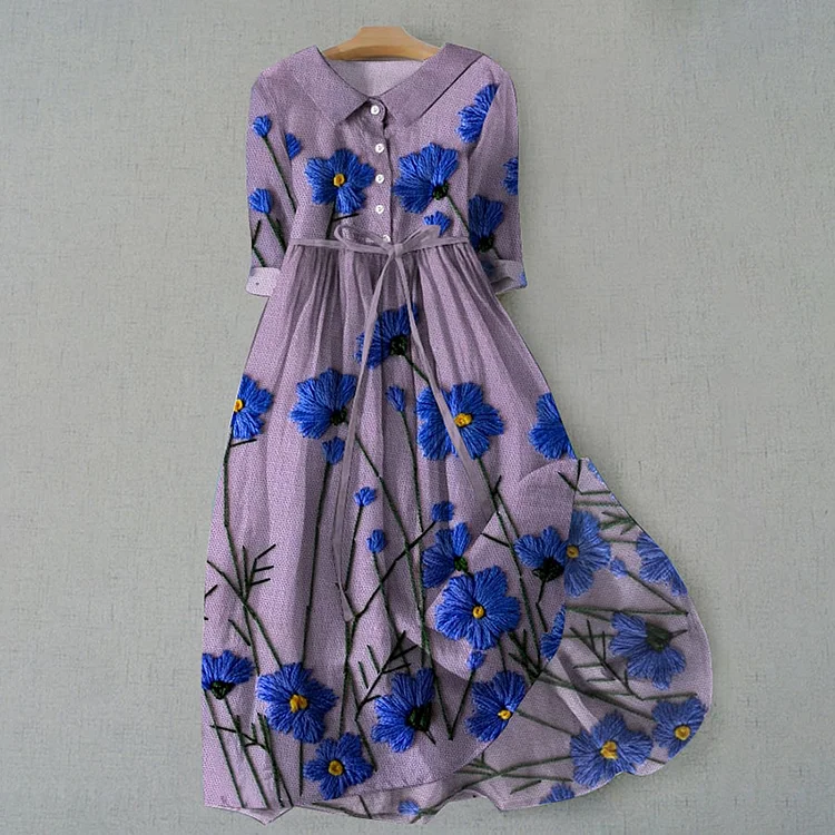 Utbros Vintage Botanical Purple Floral Design Print Lace-up Casual Midi Dress