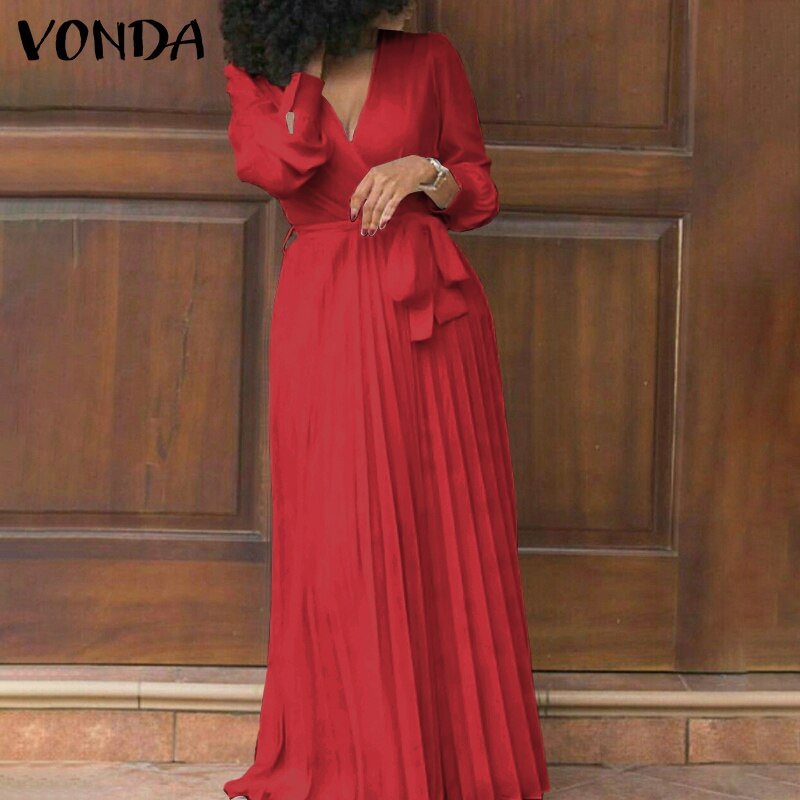 Bohemian Long Maxi Dress 2022 VONDA Women V Neck Long Sleeve Party Dress Stylish Baggy Street Casual Solid Vestido Oversized