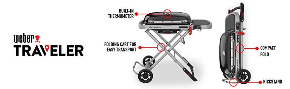 Weber Traveler Portable Grill Key Features: Built in thermometer & folding cart for easy transport.