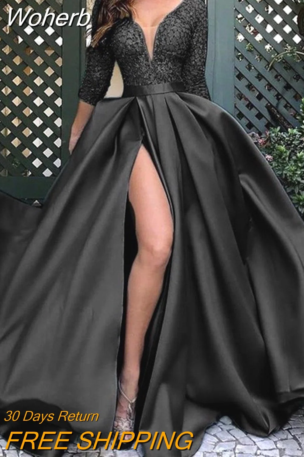 Woherb Elegant Evening Prom Dresses Hot Stamping High Split Side V Neck Night Party Club Lace Hem Maxi Dress for Wedding Banque