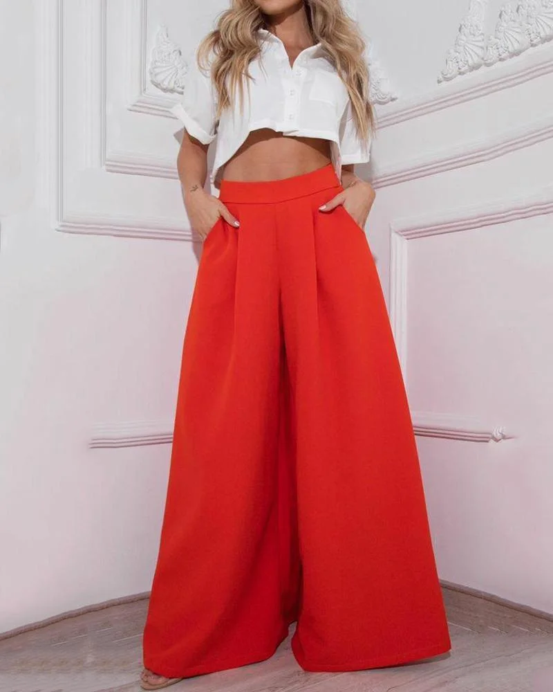 Cropped Top & Casual Wide Leg Pants Two Piece Set