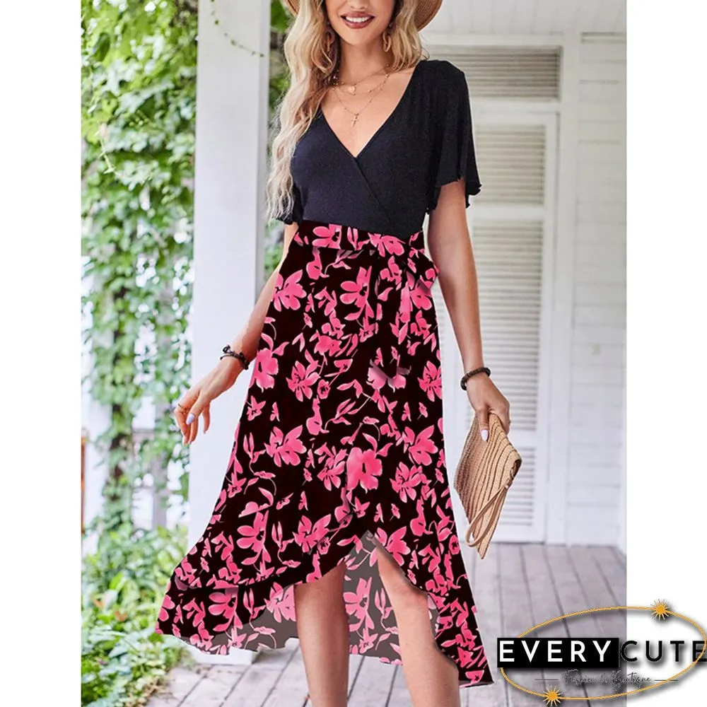 Purple Floral Print Splicing V Neck Dress with Slit