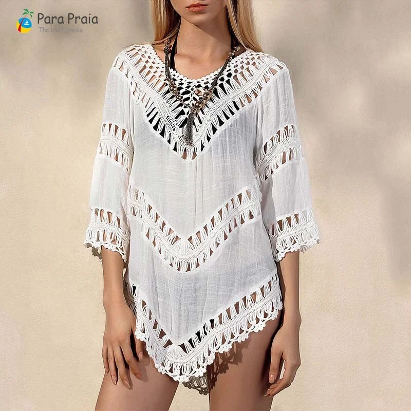 2020 Long Sleeve Crochet Swimwear Cover Up Sexy Stylish Tassel Beach Dress Women Bikini Cover Up Beachwear Loose Cardigan