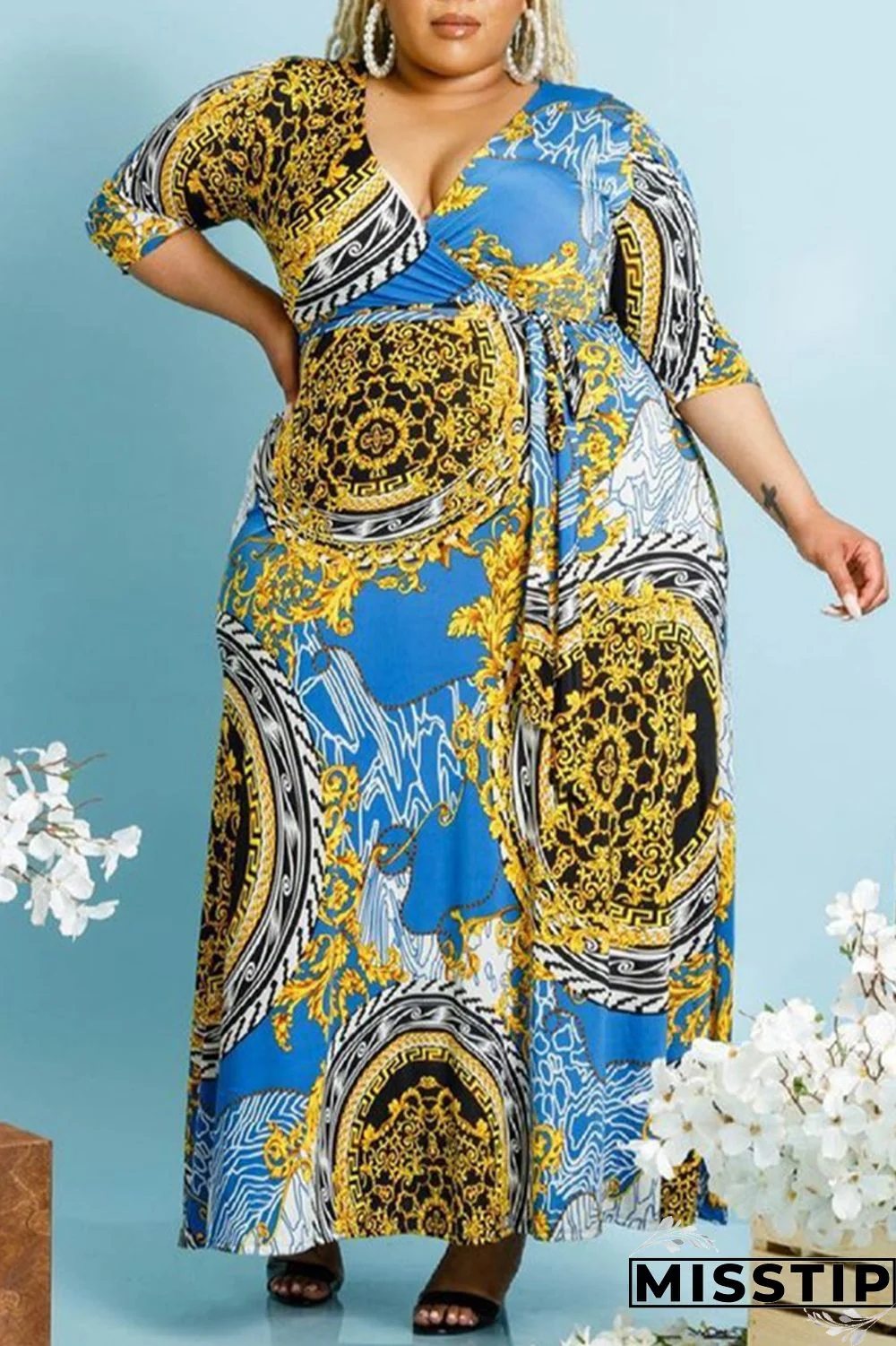 Blue Yellow Fashion Casual Print Basic V Neck Plus Size Dresses