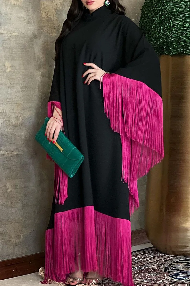 High Neck Sash Colorblock Fringe Batwing Sleeve Kaftan Maxi Dresses