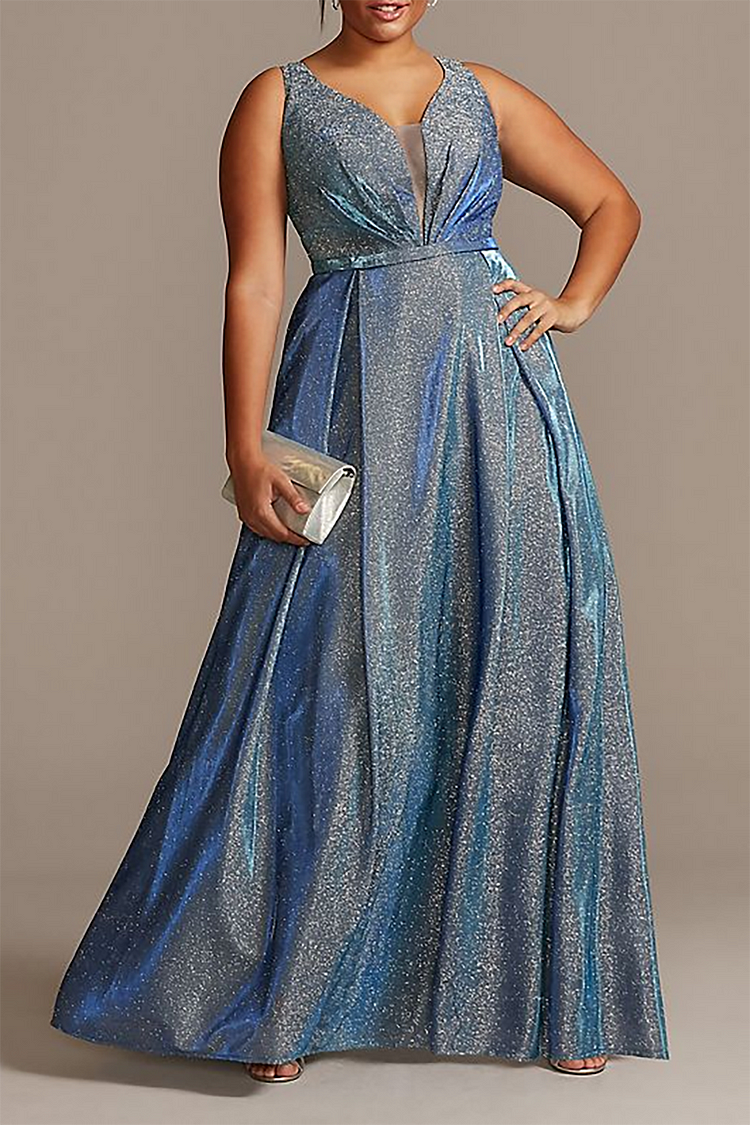 Xpluswear Plus Size Blue Formal Glitter Sheen Sleeveless V Neck Maxi Dresses