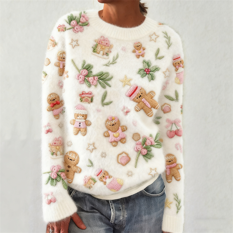 Christmas Pink Gingerbread & Berry Embroidered Cozy Knit Sweater elevenforest