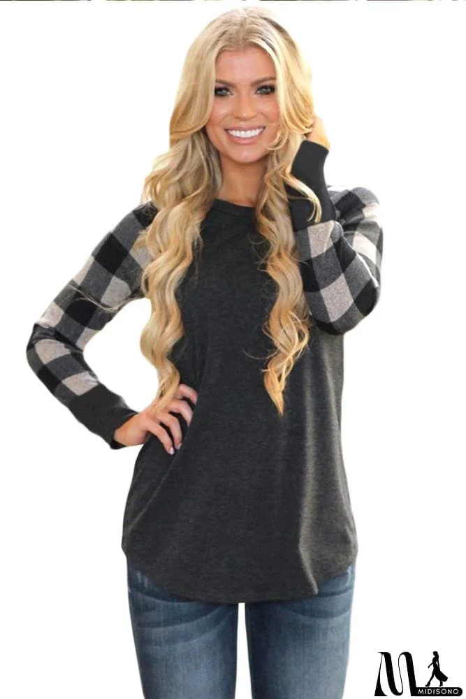 Monochrome Plaid Sleeve Charcoal Top