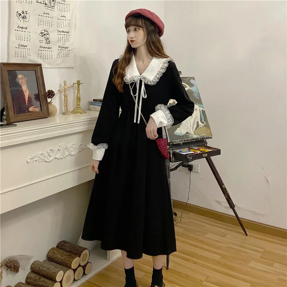 2023 Hepburn Women Dress Autumn Bowknot Sweet Lace Trim Lapel Long Sleeve Christmas Dress 	A-line Waist Tight Pleated Midi Dress