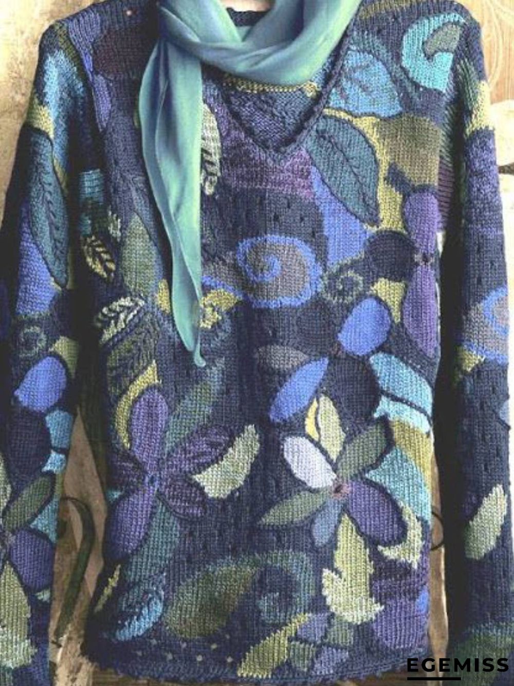 Blue Long Sleeve V Neck Cotton-Blend Leaf Shirts & Tops | EGEMISS