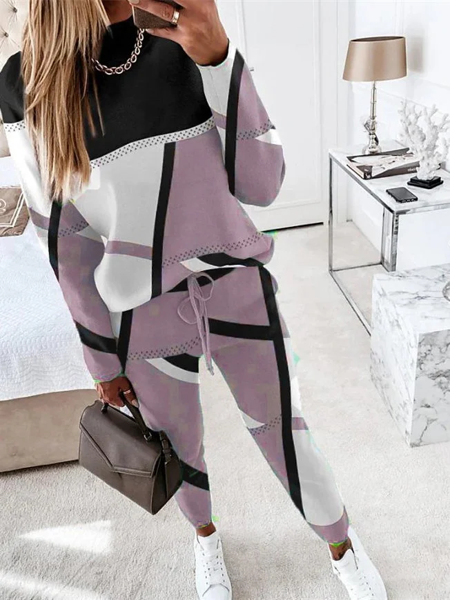 Women Casual Long Sleeve Round Neck Graphic Two-Piece Set