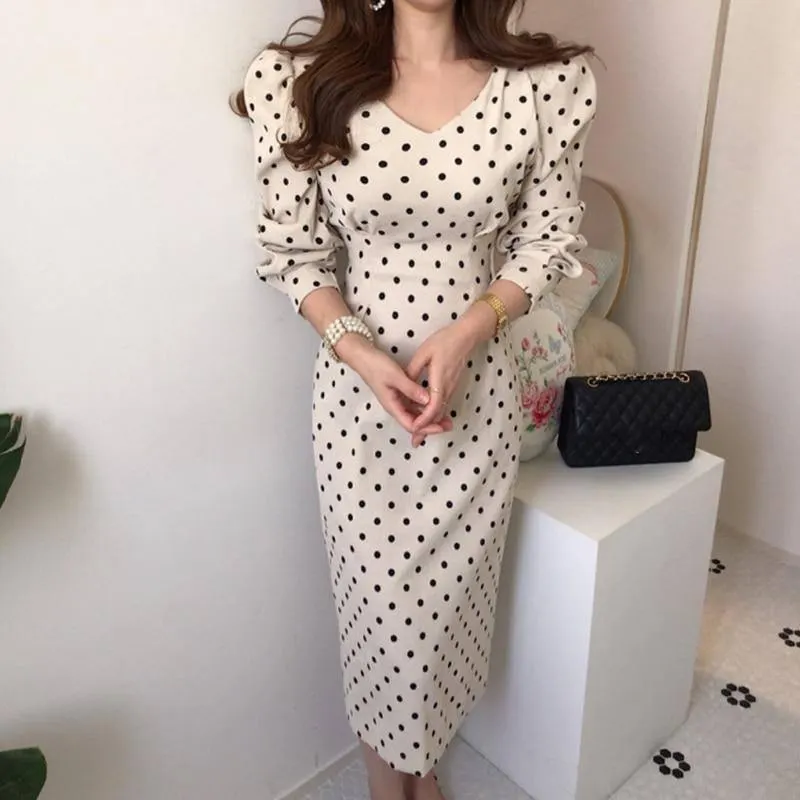 French Style Spring & Autumn Womens Casual Polka Dot Print A-Line Party Corduroy Dress