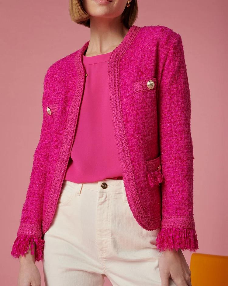 Woven-trimmed fringed tweed jacket