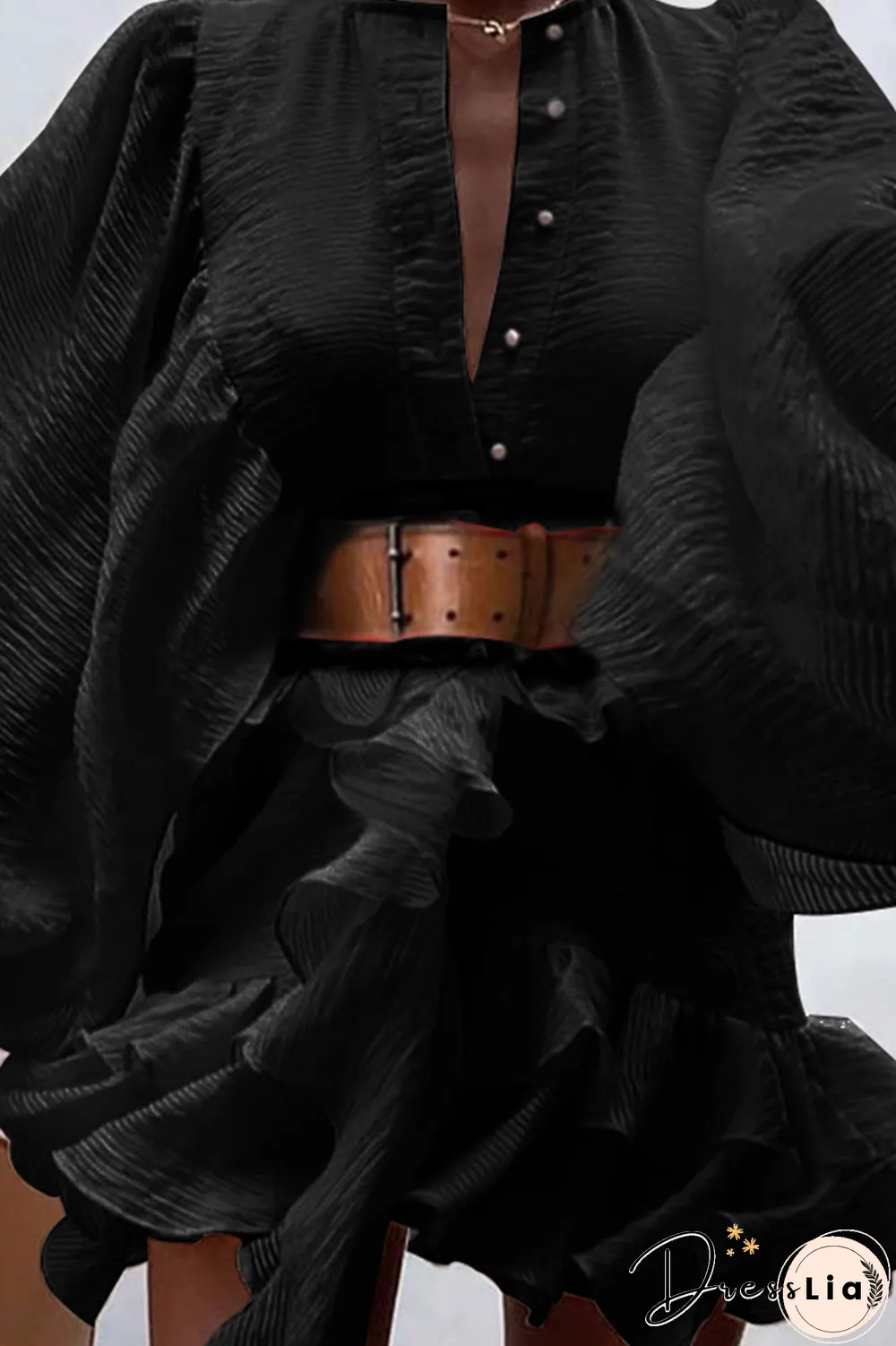 Fashion Elegant Solid Buckle Flounce With Belt O Neck A Line Dresses(3 Colors)