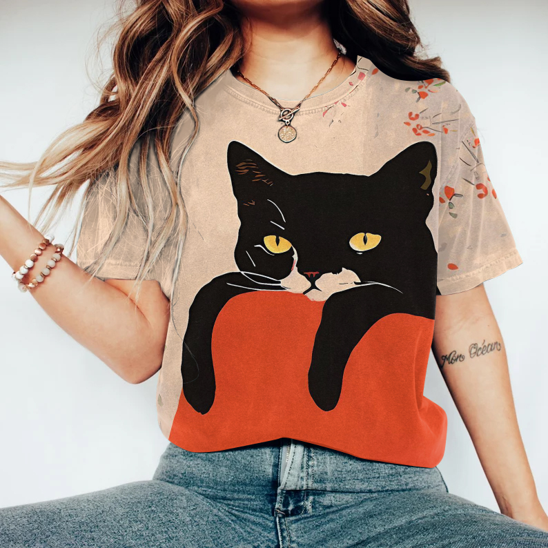 Comstylish Women‘S Black Cat & Flowers Art Round Neck Casual T-Shirt