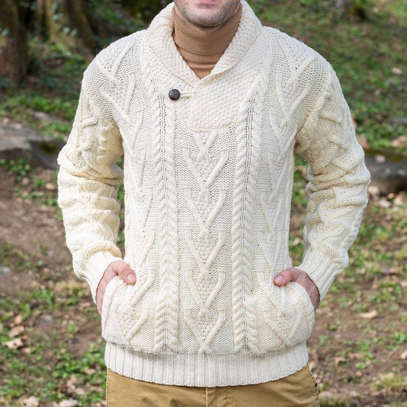 Men's Solid Cable Lapel Long Sleeve Knit Sweater 44839476Z
