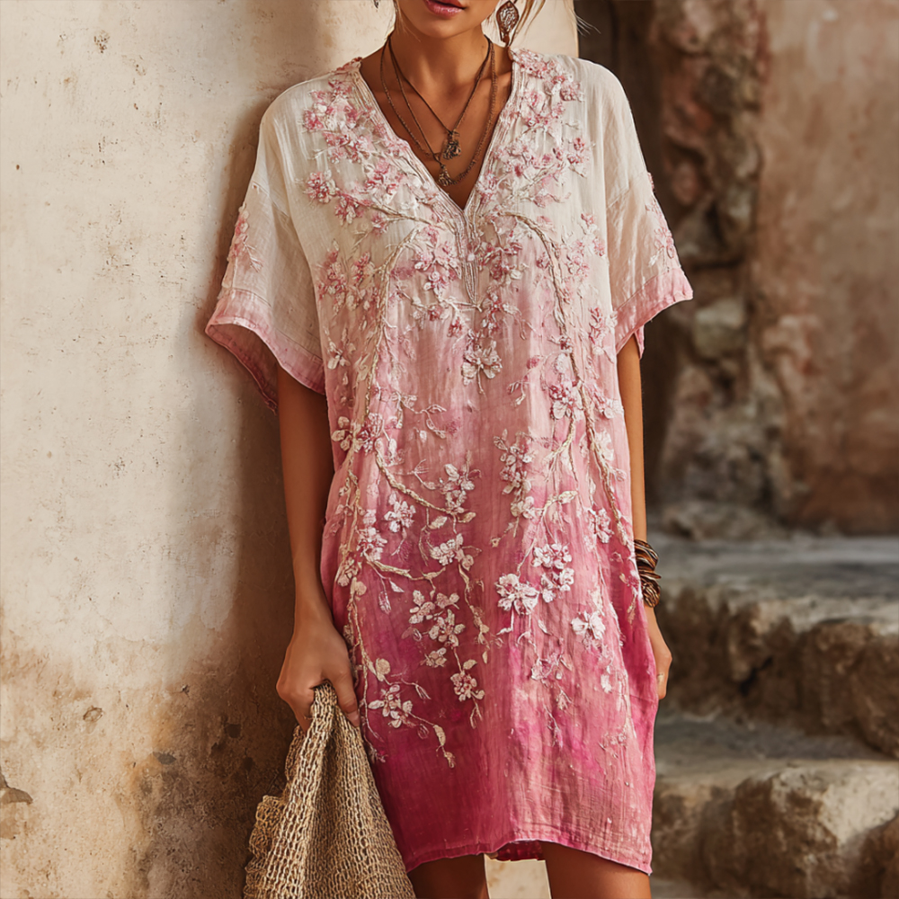 Women's Cherry Blossom Embroidery Art Blend Washed Cotton Linen Gradient V-neck Dress elevenforest