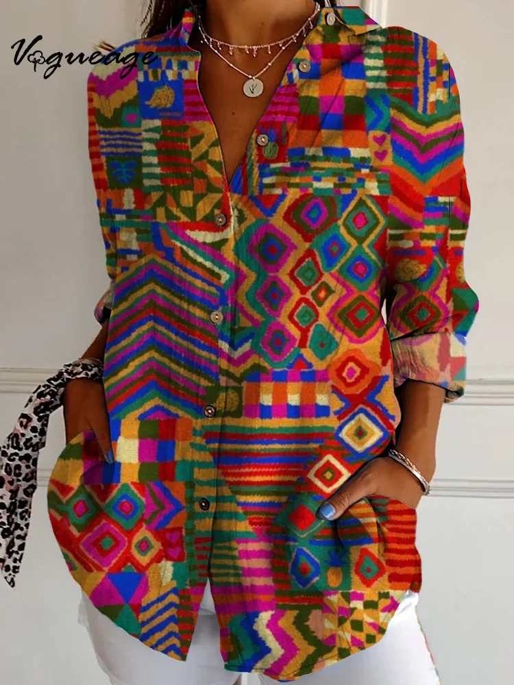 Fashionable Red Irregular Pattern Splicing Color Blocks Long Sleeves Printed Cotton And Linen Shirt