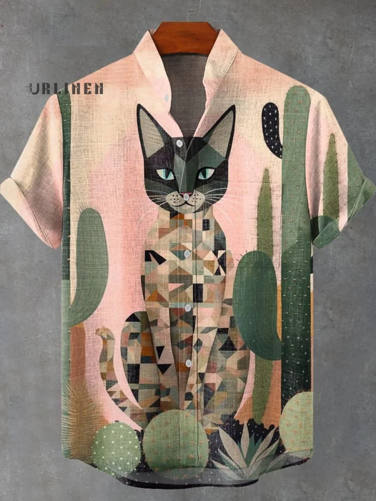 Vintage Abstract Cat Art Print Casual 100% Cotton Shirt