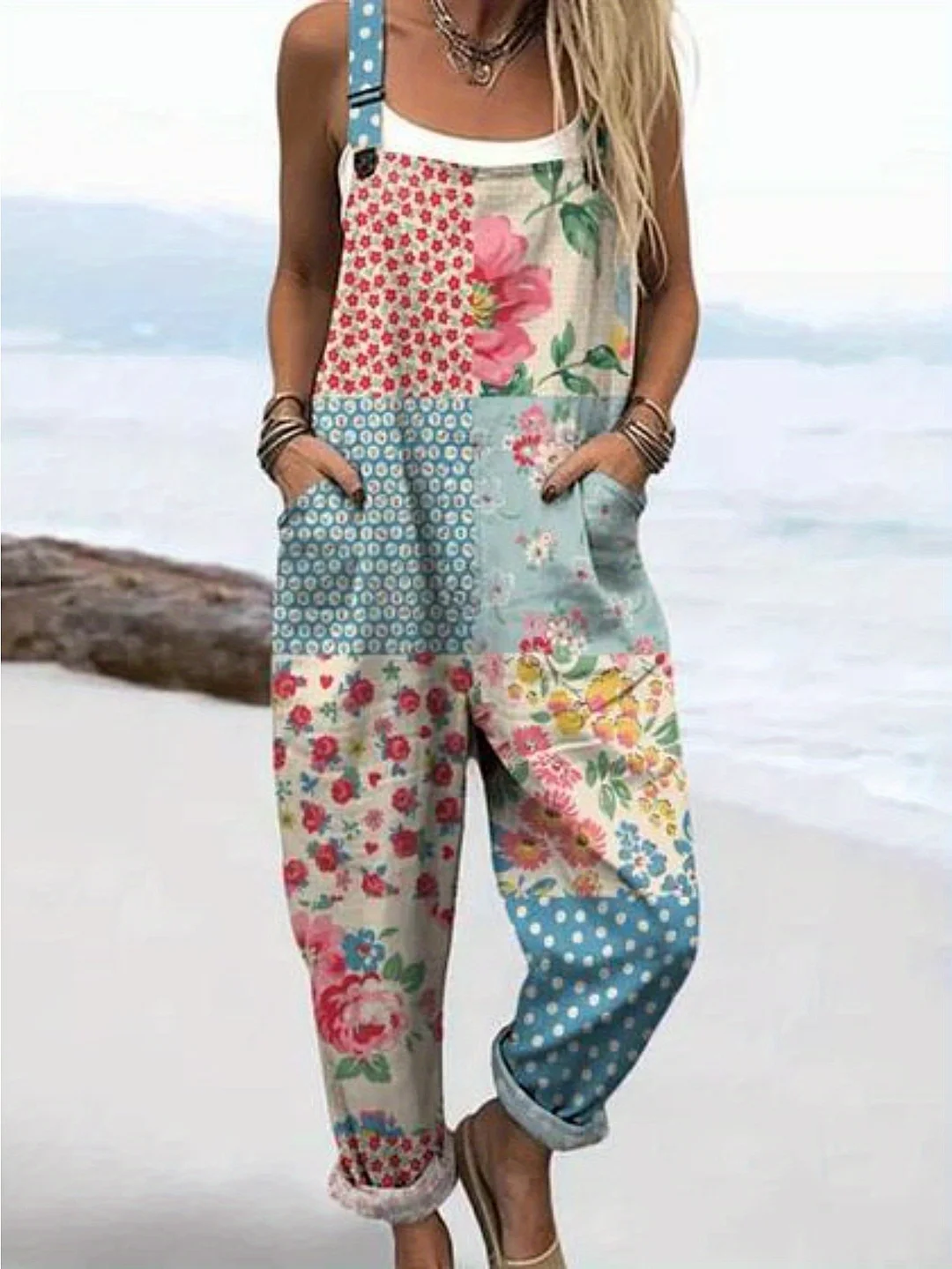 2025 Spring Summer Women's Floral & Animal Print Casual Jumpsuit - Wide Leg Non-Stretch Machine Washable Lightweight Comfortable Romper For Spring Summer Fall, Casual Attire, Comfortable Fit, Seasonal Fashion, Trendy Fashion, Easy Care, Onepiece Outfit | IFYHOME
