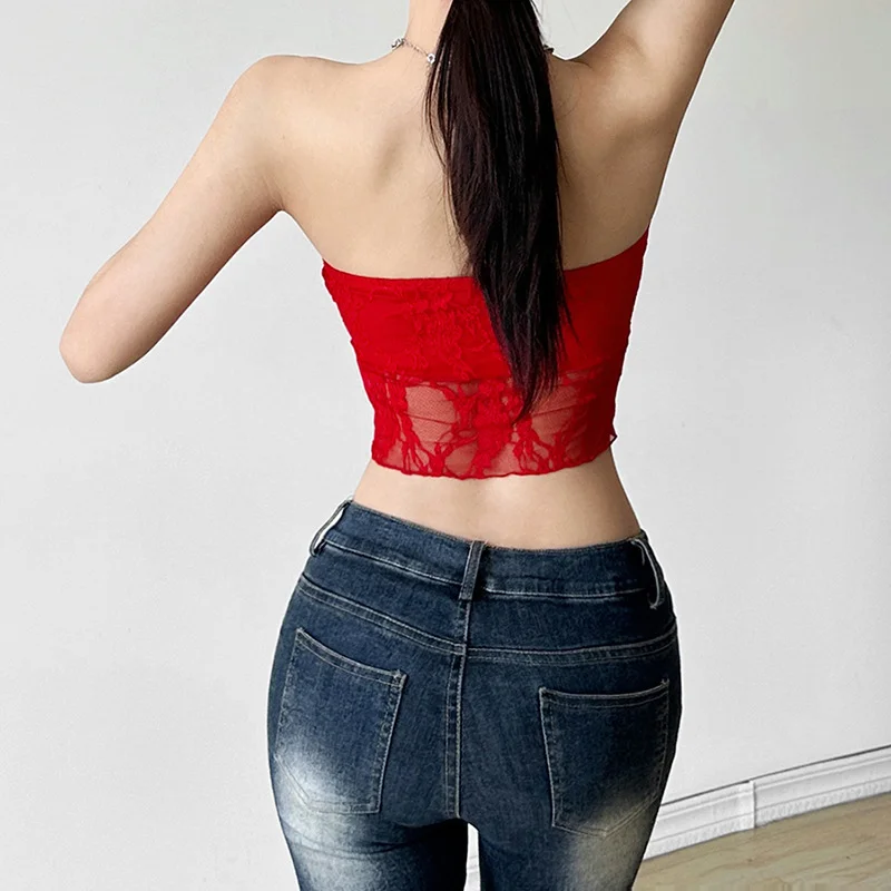 Uveng 2024 Summer New Women's Clothing Solid Color Repair Street Fashion Word Collar Yarn Mesh Wrapped Breast Vest