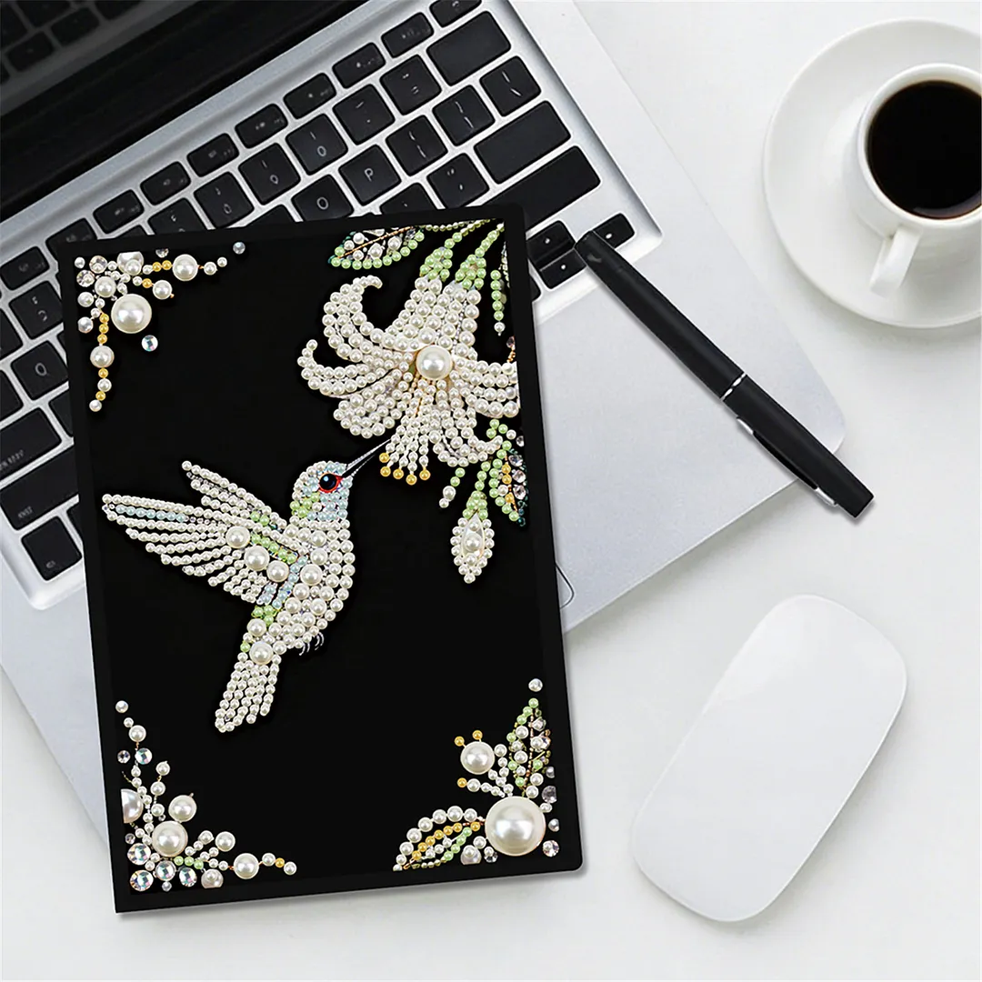 Flowers and Hummingbirds Partial Pearl DIY 50 Pages A5 Diamond Painting Notebook Special Shaped Diamond Art Diary Book Kits Wireless Strip 5D Crystal Art Paintings Sketchbook for Art Drawing