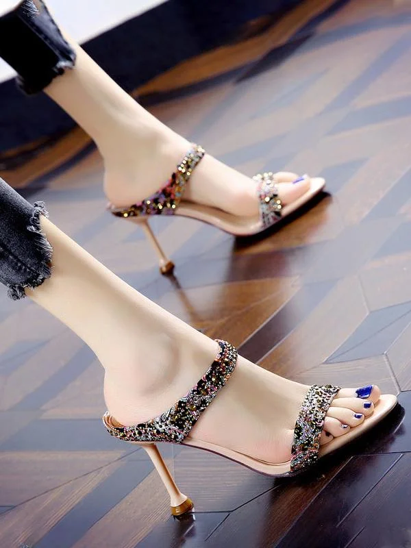 Color-blocking flip flops with rhinestone open-toed stiletto heels and half slippers