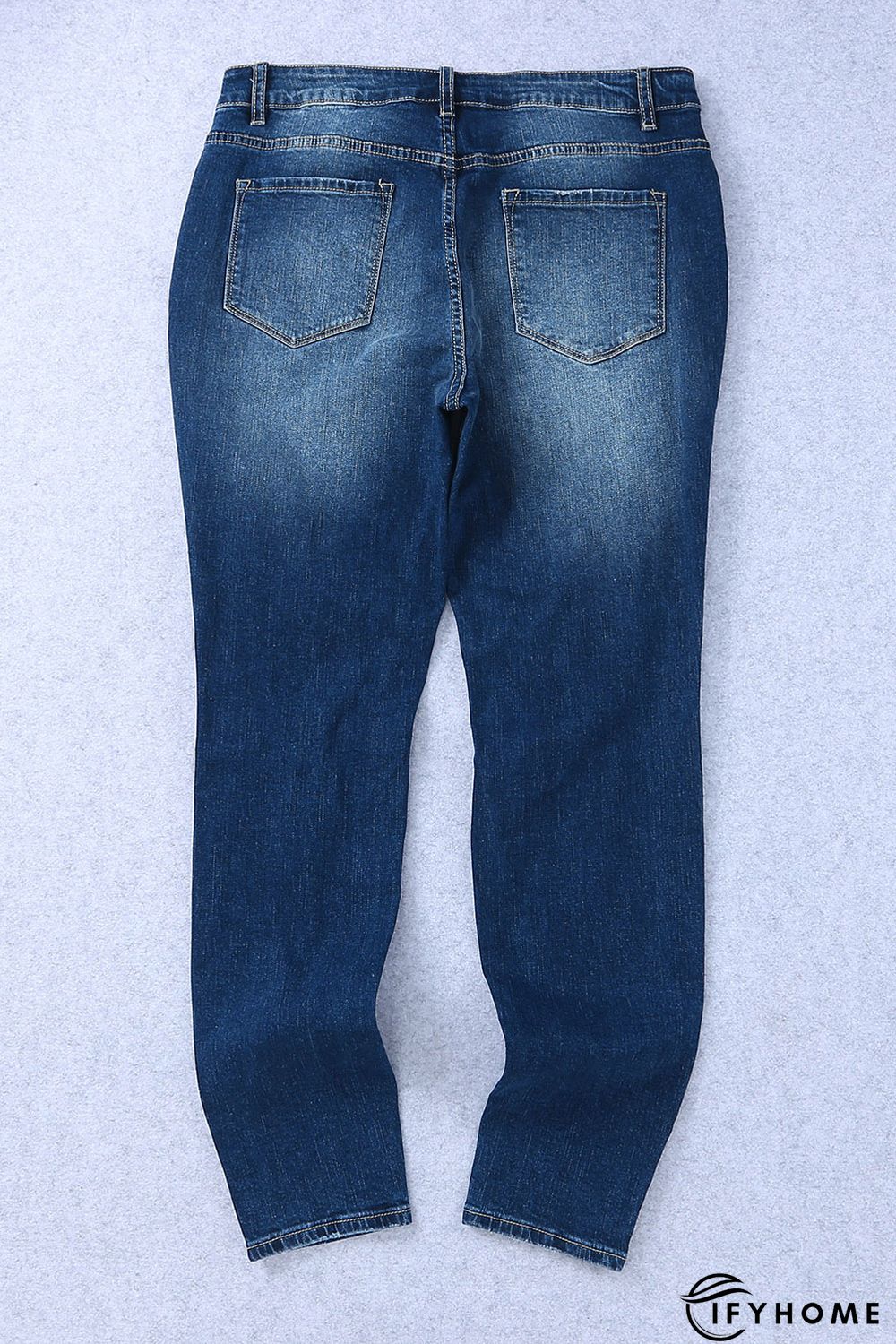 Blue Medium Wash Button Fly Distressed Plus Size Jeans | IFYHOME