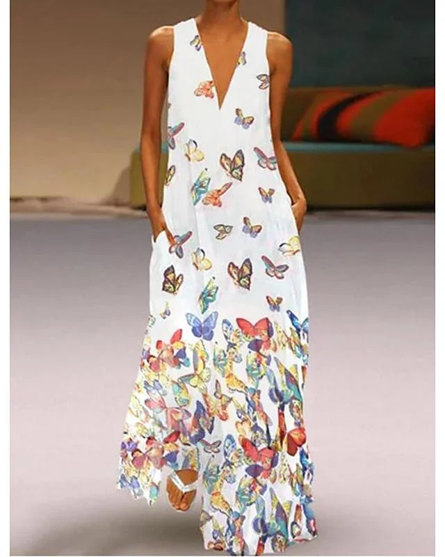 Women's A-Line Dress Maxi long Dress - Sleeveless Butterfly Animal Print Summer Deep V Plus Size Hot Casual Beach 2020 White Purple Yellow Blushing Pink Light Blue S M L XL XXL 3XL 4XL 5XL