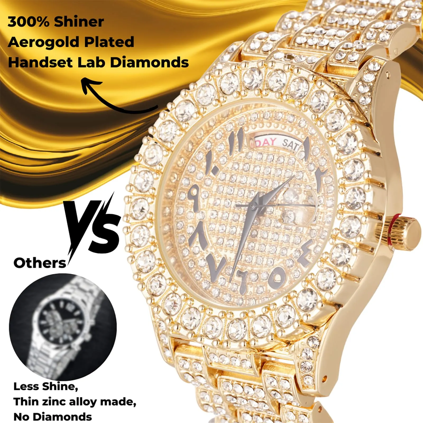 One Used Luxurious Watch Lab Diamonds & 4x\'s Gold Plated, Water Resistant No Tar Hip Hop Gold Plated Metal Band Lab Diamond Watch #52842 main image 4