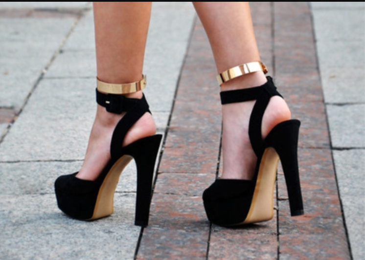 Black and Gold Platform Chunky Heel Ankle Strap Sandals Vdcoo