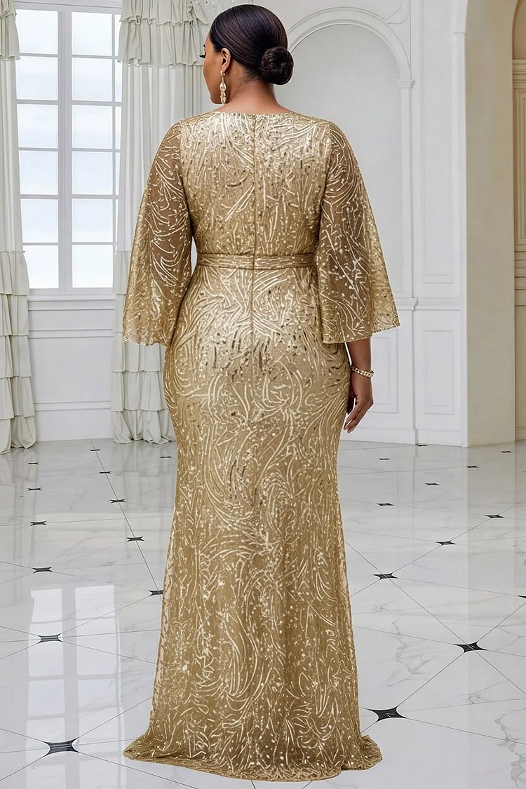 Xpluswear Design Plus Size Formal Gold Wrap Neck Flare 3/4 Sleeve Bodycon Elegant Maxi Dresses [Pre-Order]