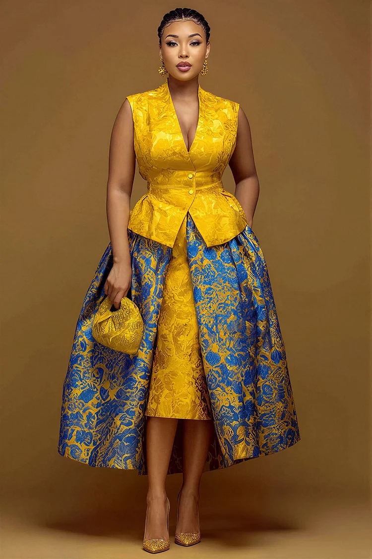 Xpluswear Design Plus Size Mother Of The Bride Elegant Gold Ankara V Neck&nbsp;Contrast Pocket Satin Two Piece Skirt Sets [Pre-Order] 2024 - Xpluswear