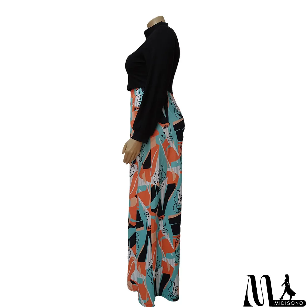 MidiSono - Casual Women'S Cutout Long Sleeve Top Pocket Print Wide Leg Pants Plus Size Fashion Casual Two Piece Pants Set