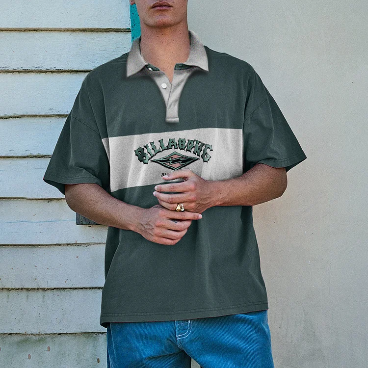 Men'S Retro Relaxed Print Surf Polo T-Shirt b402