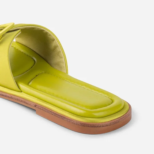 Lemon Yellow Satin Open Square Toe Flat Mules Sandals with