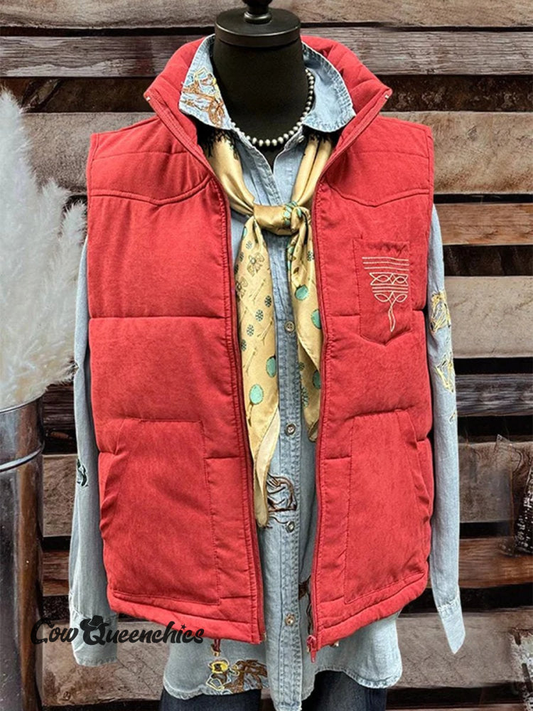 Women’s Boot Stitch Printed Casual Quilted Vest Red / S