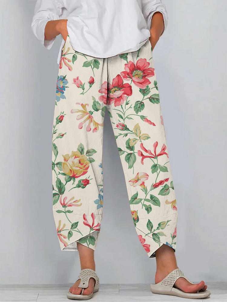 Vintage Floral Art Cropped Casual Pants