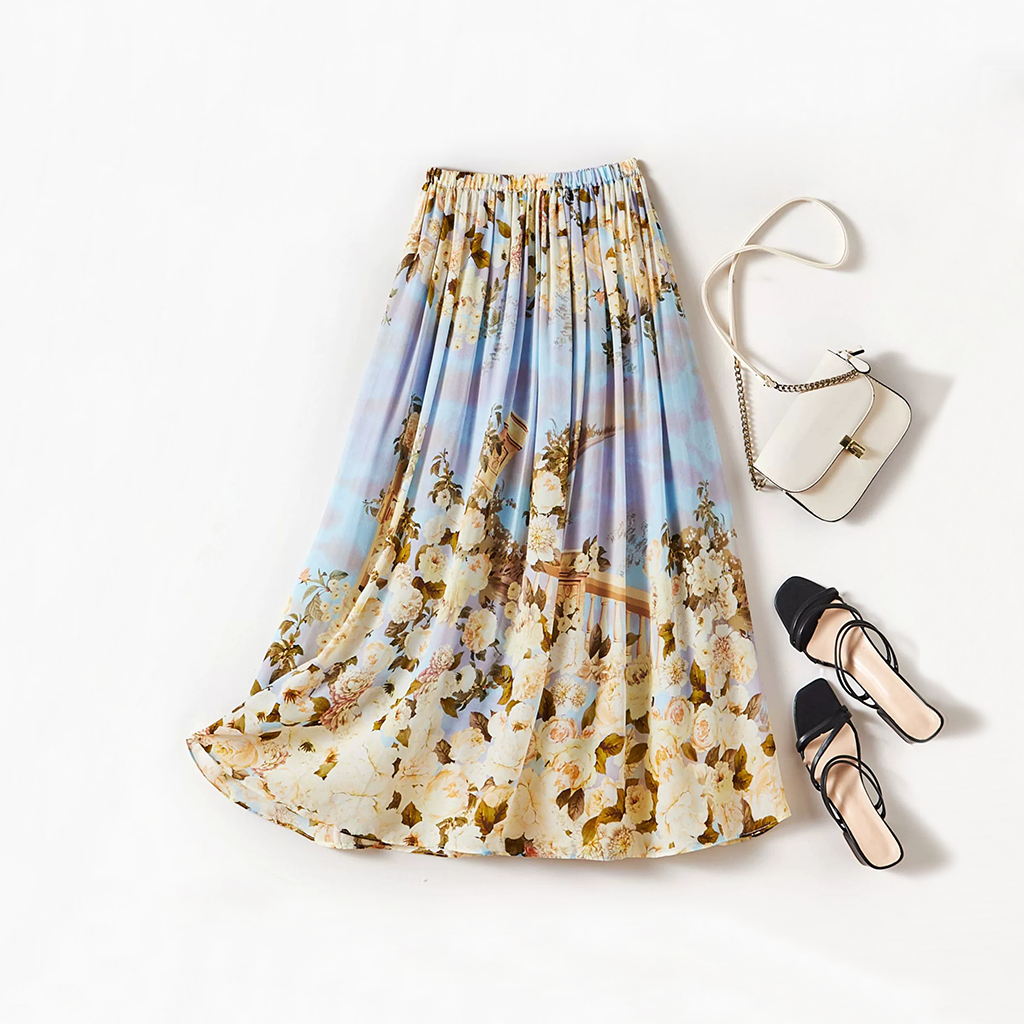 Spring-Summer Silk Skirt with Multi-colored Floral Prints for Vacation REAL SILK LIFE