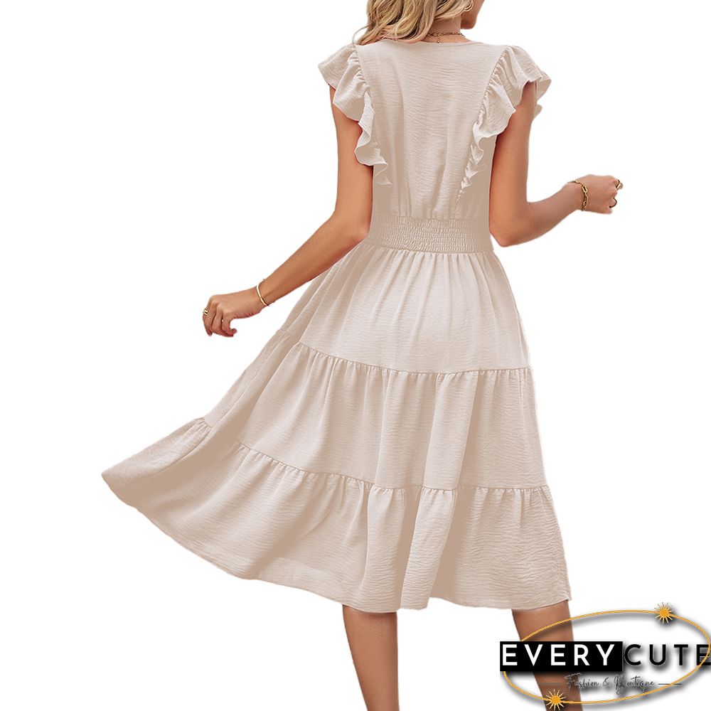 White Smocked Waist Ruffled Sleeveless Casual Dress