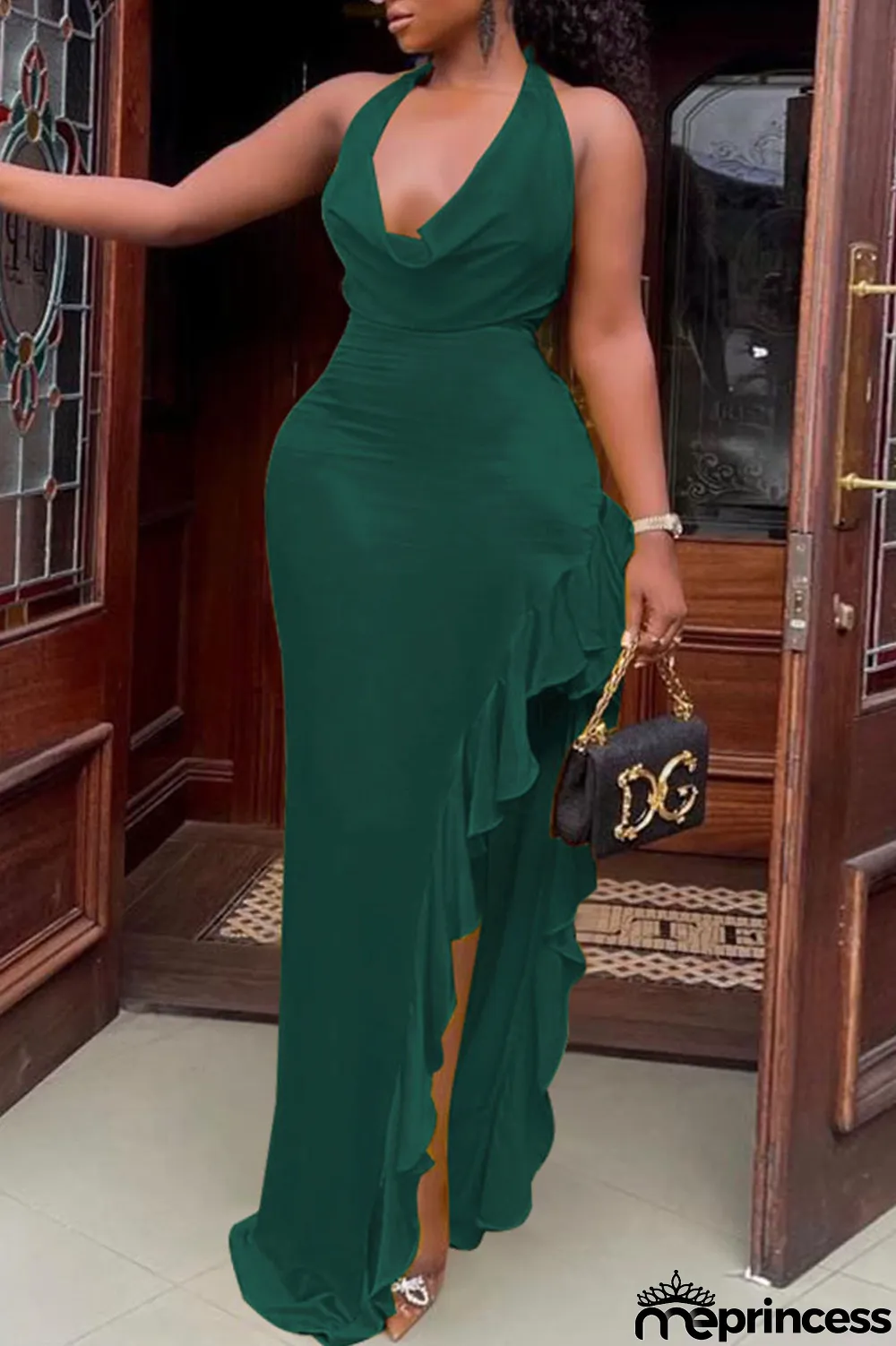 Colorful Blue Sexy Solid Patchwork Flounce Asymmetrical V Neck Evening Dress Dresses