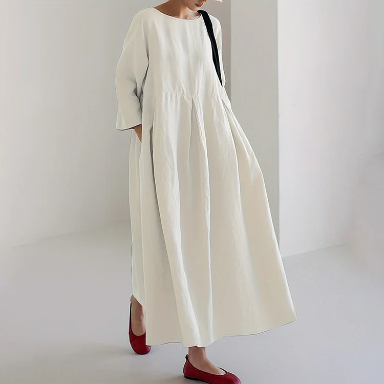 VChics Women's Solid Color Cotton Linen Print Maxi Dress
