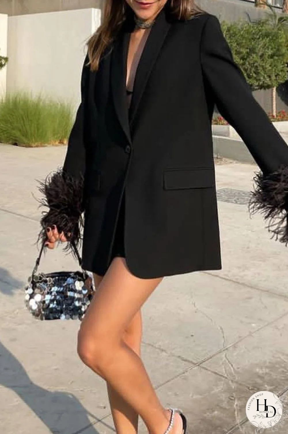 Black Casual Solid Patchwork Buttons Feathers Turn-back Collar Outerwear