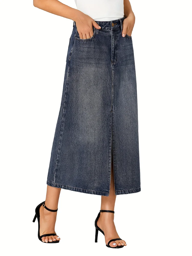 Women's High Waisted Jean Skirt - Non-See-Through Denim Midi Skirt With Side Pockets, Machine Washable Everyday To Formal Outfits - Casual To Formal Denim Skirt For Women, High Waisted Skirt, Summer Fashion, Soft Fabric, Versatile Clothing