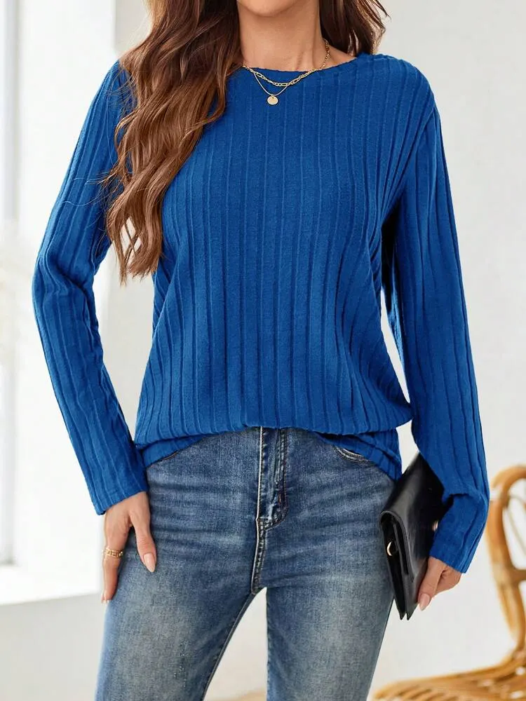Fall Women Clothes Dark Blue Round-Neck Long-Sleeve T-Shirt For Autumn