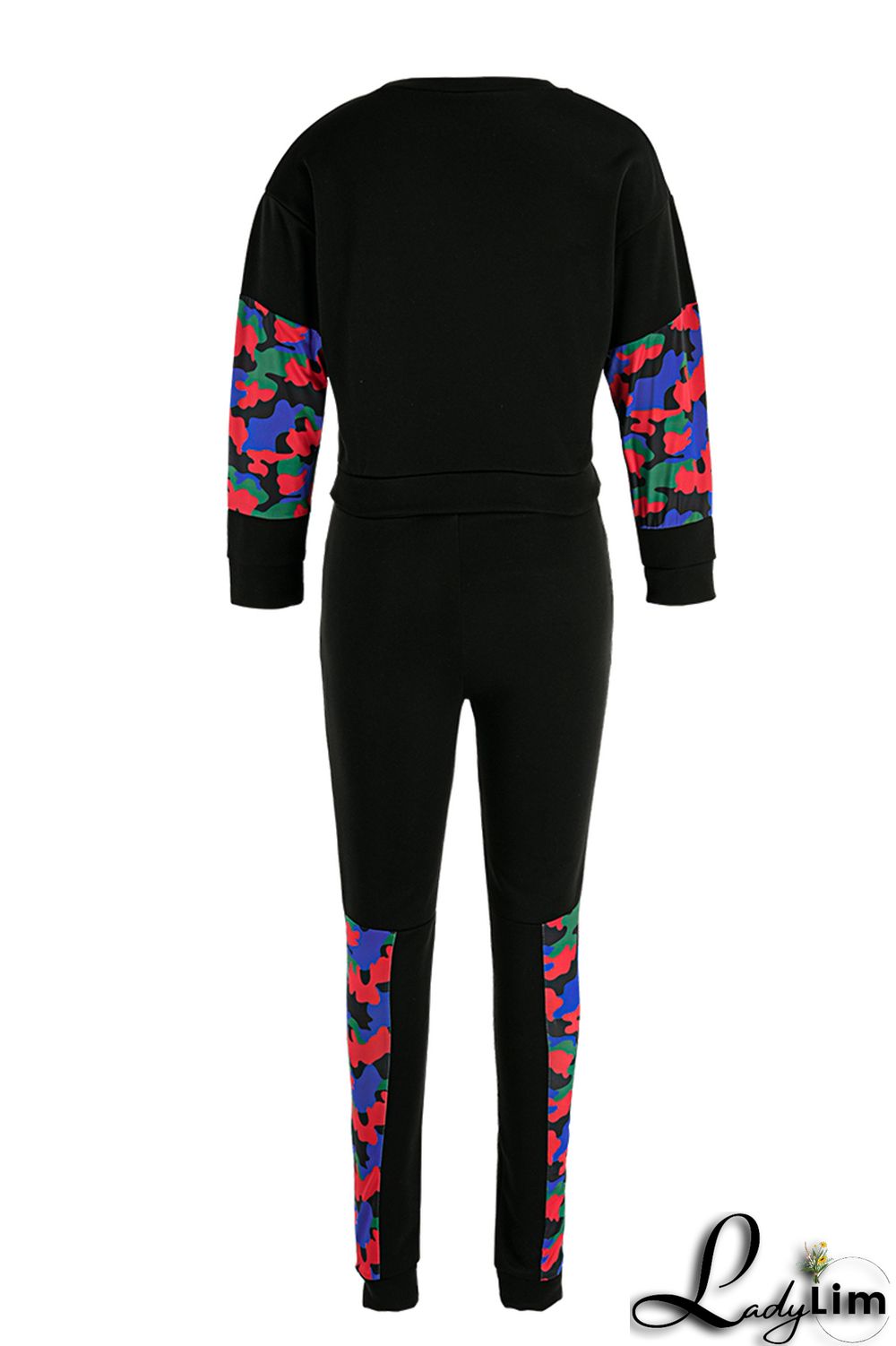 Black Fashion Casual Letter Print Patchwork O Neck Long Sleeve Two Pieces