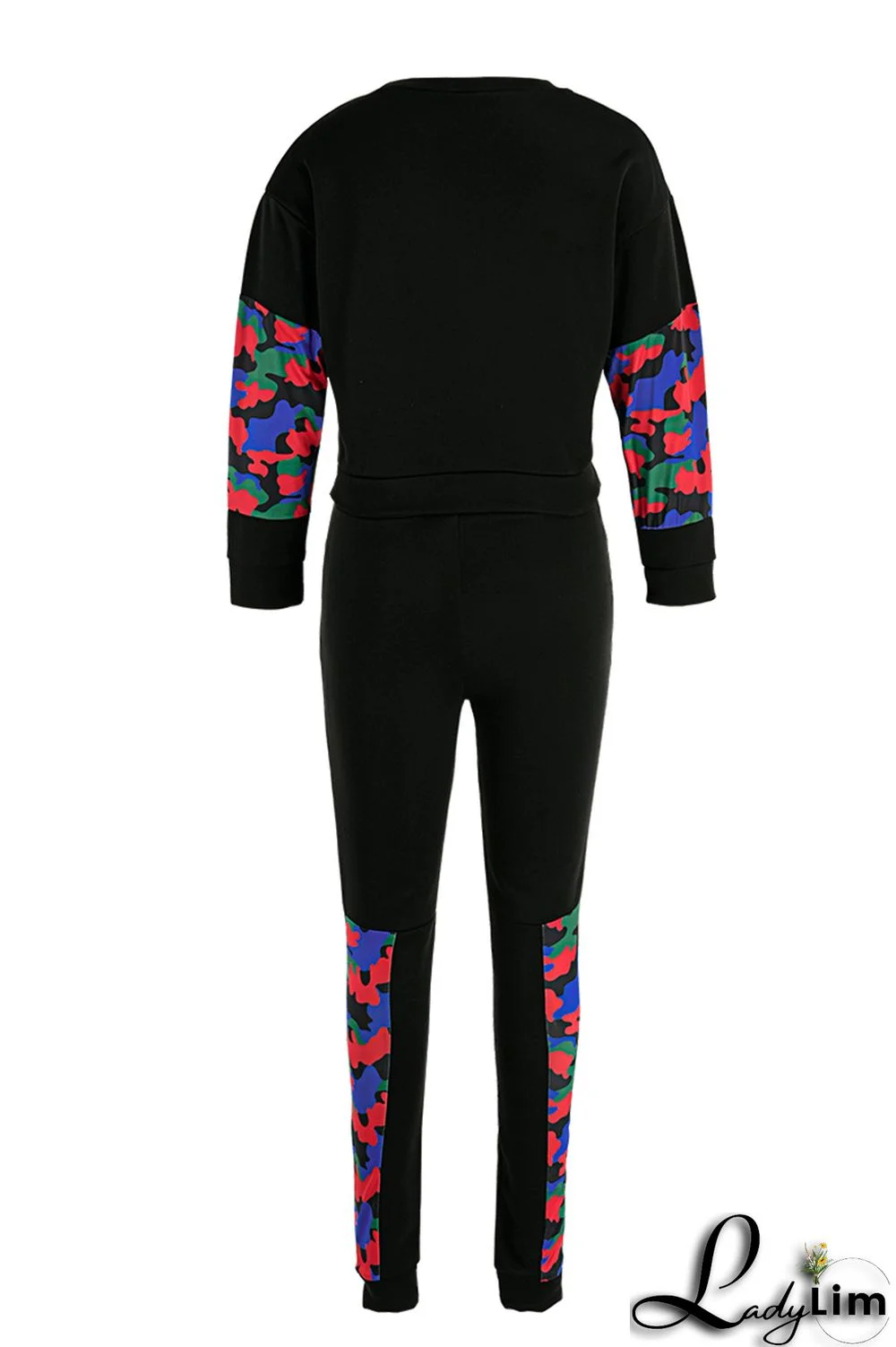 Black Fashion Casual Letter Print Patchwork O Neck Long Sleeve Two Pieces