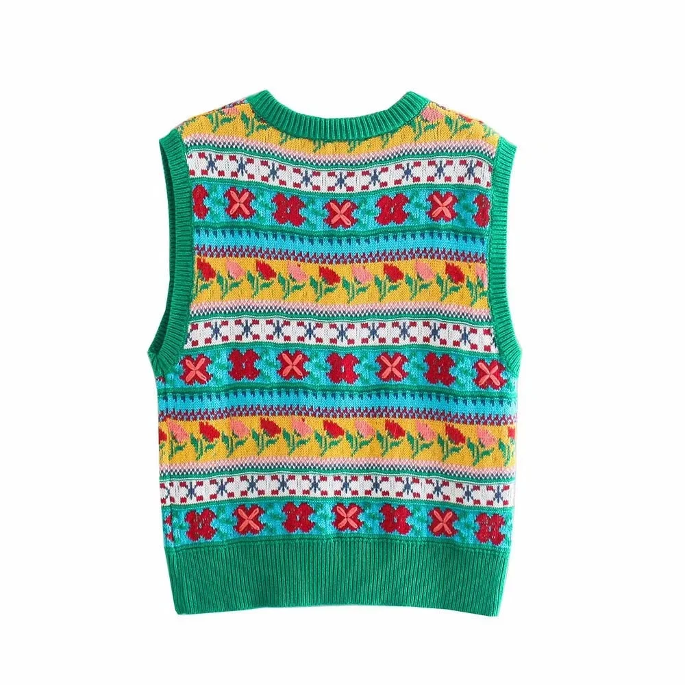 Back to school  2022 New Women Vintage V Neck Green Hook Flower Cute Sweater Vest Girl Sweet Casual Pullover Slim Chic Waistcoat Top