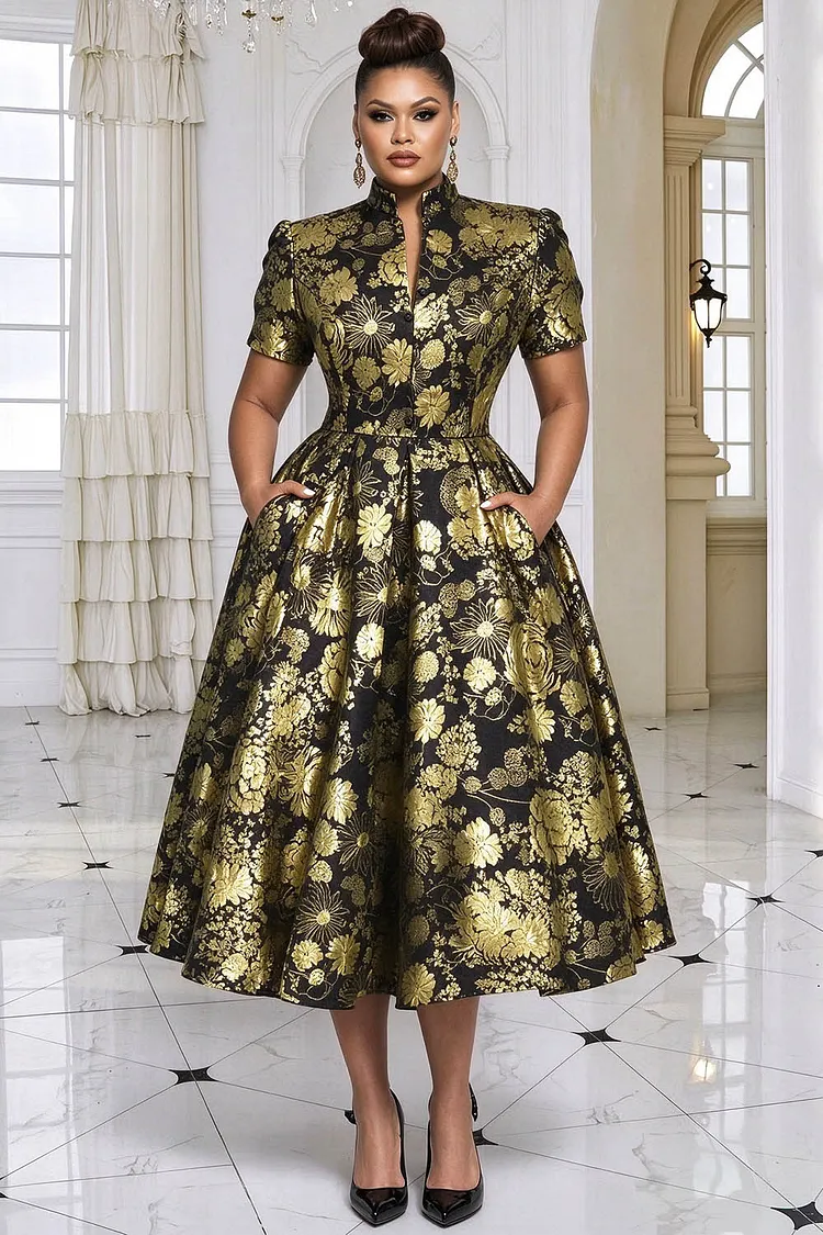 Xpluswear Design Plus Size Formal Gold All Over Print Stand-Up Collar Short Sleeve Pocket Elegant Satin Midi Dresses 2024 - Xpluswear