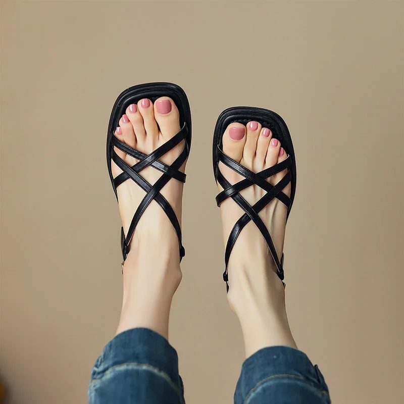 Women's Vintage Chunky Heels Square Toe Cross Strap Leather Sandals